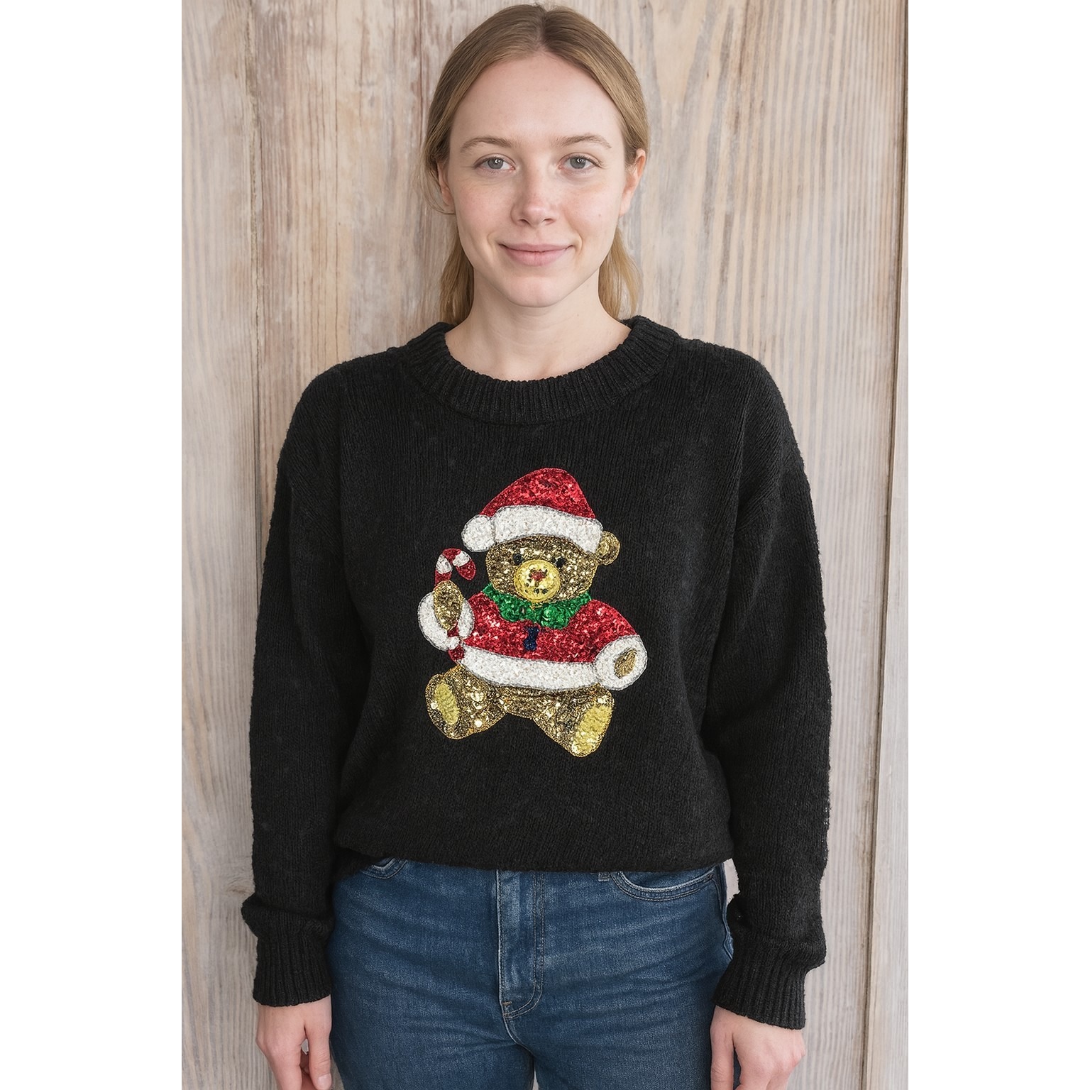 Vintage Wee Care Sequin Teddy Bear Christmas Sweater Black Medium Holiday